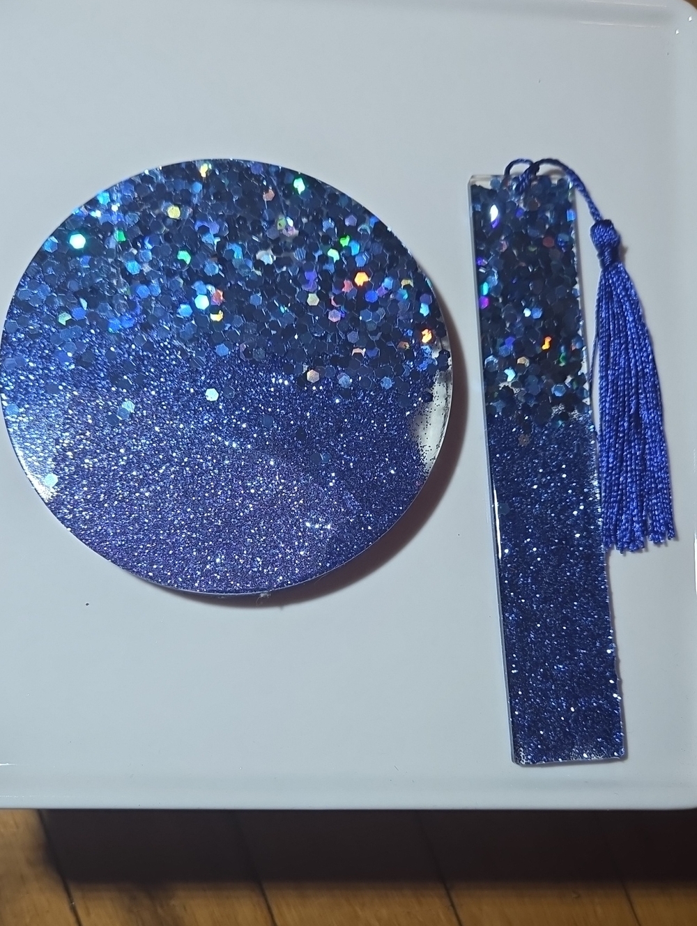 🦋 Handmade-Blue Glitter Resin Coaster and Bookmark Set with Tassel